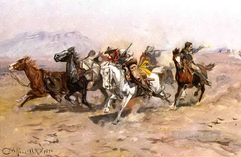 en infériorité numérique 1898 Charles Marion Russell Indiens d’Amérique Peintures à l'huile